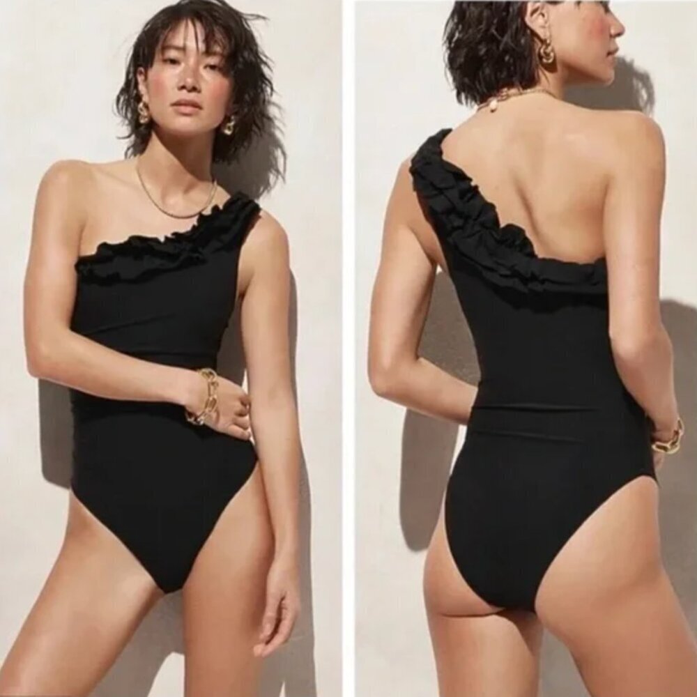 NWT J. Crew Matte Black Ruffle One Shoulder One-Piece Swimsuit, size 24